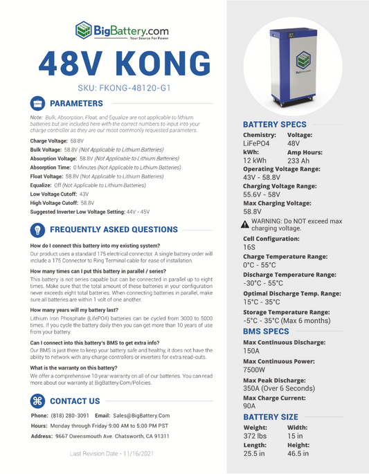48V Off Grid Home Plus System - Growatt 12K + 12kWh KONG Battery|LIFEPO4 Power Block|Lithium Battery Pack + Inverters + Cables|Currently On Backorder