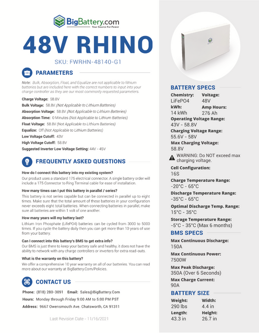 48V Off Grid Home RHINO System - Growatt 6K + 14kWh RHINO Battery|LIFEPO4 Power Block|Cables + Inverter + Lithium Battery Pack|3-8 Weeks Ship Time
