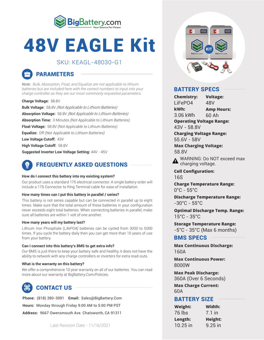 48V EAGL KIT|60Ah|3.06kWh|LIFEPO4 Power Block|Lithium Battery Pack|3-8 Weeks Ship Time