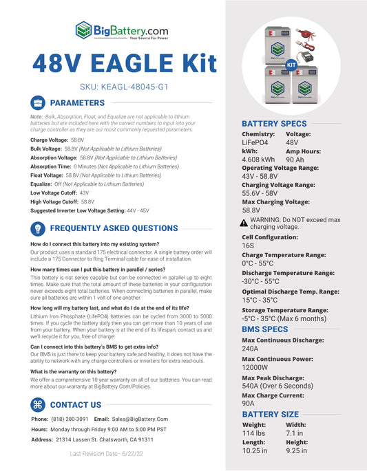 48V EAGL KIT|90Ah|4.608kWh|LIFEPO4 Power Block|Lithium Battery Pack|3-8 Weeks Ship Time