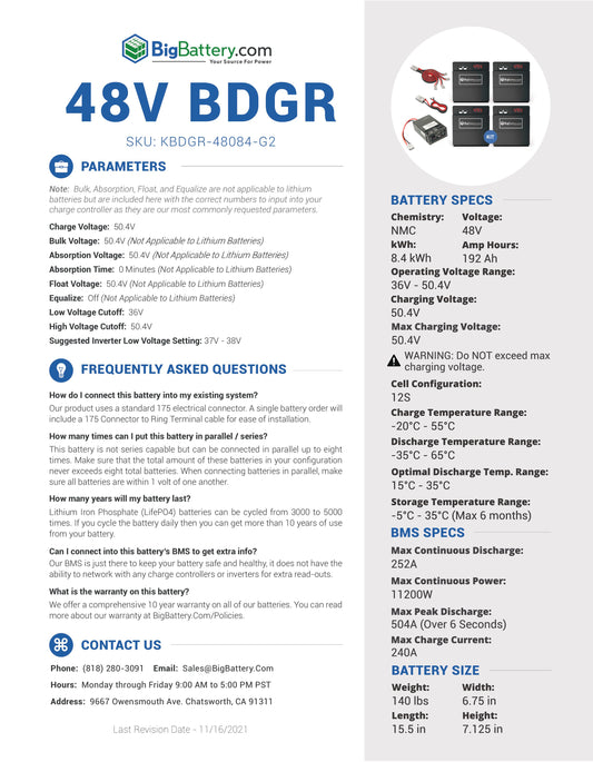 48V BDGR Kit|192Ah|8.4KWH | NMC Power Block|Lithium Battery Pack|Currently On Backorder