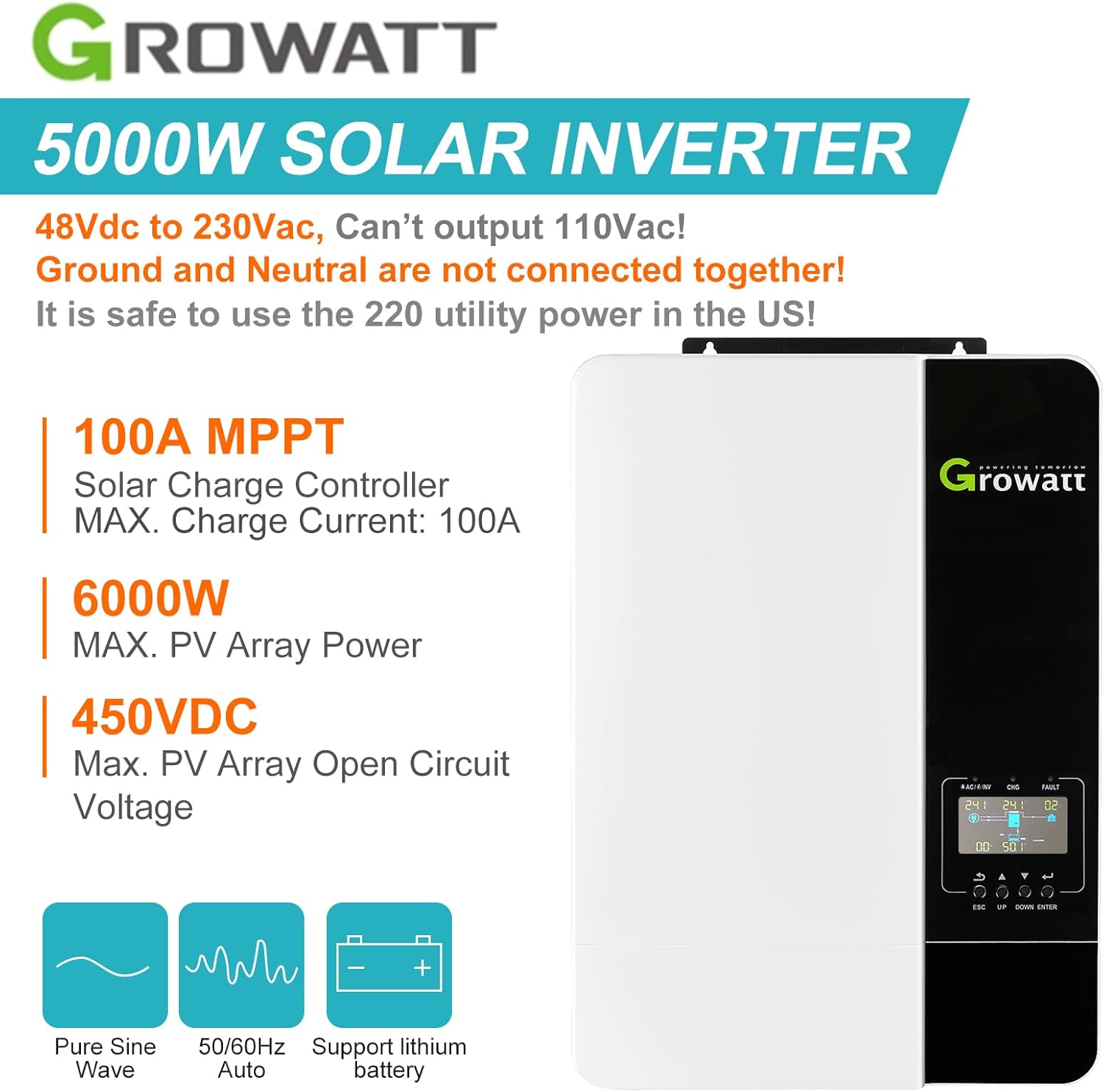 GROWATT 5KW 48VDC, Off-Grid Solar Inverter 240 VAC, Stackable