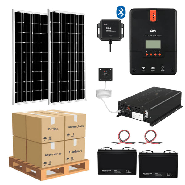 Complete Solar Panel Kit - 2,000W Pure Sine Inverter + [12V Battery Bank] + 2 x 200W Mono Solar Panels | Off-Grid, Mobile, Backup [LPK-PLUS]