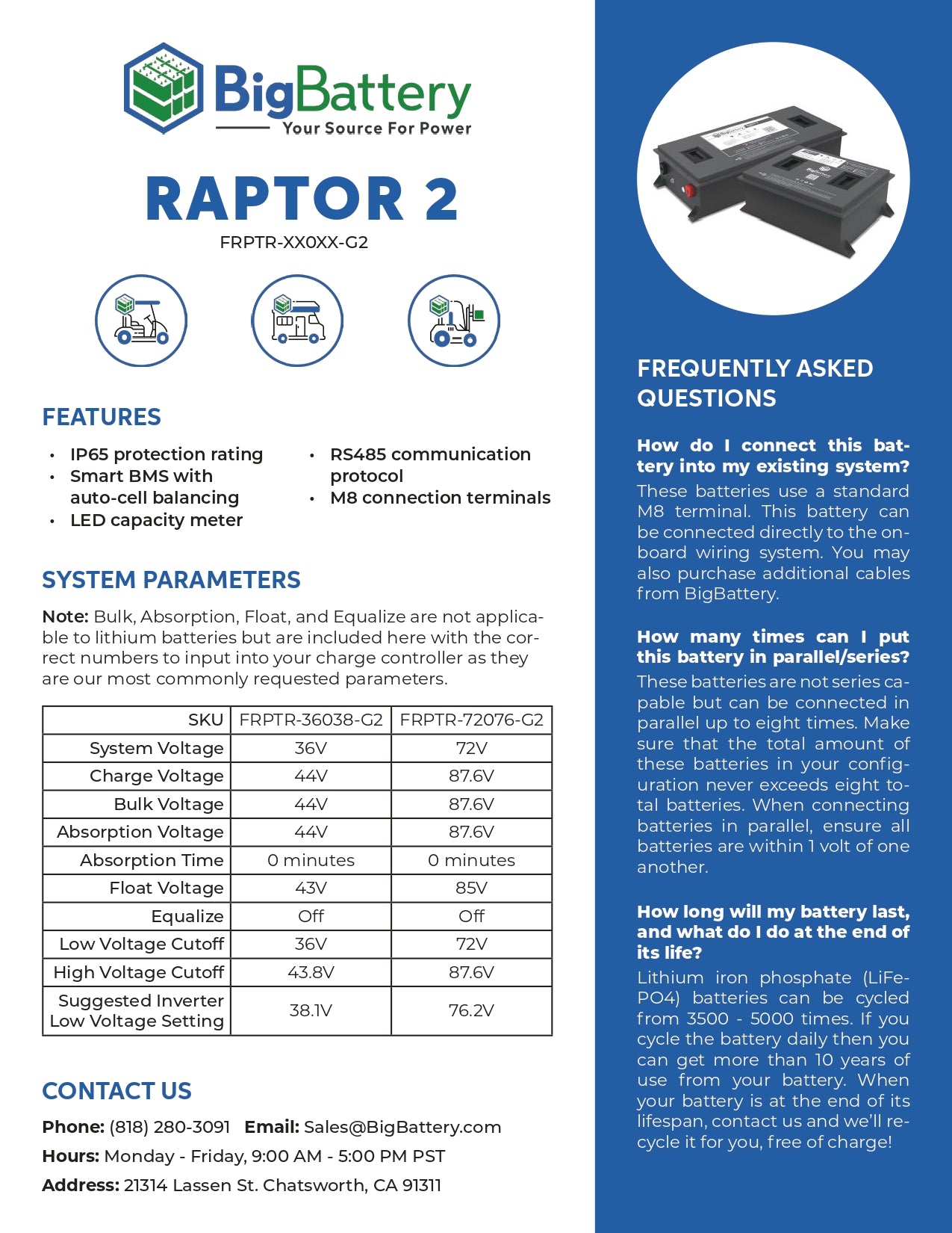 72V RAPTOR 2  | 100Ah |  7.68kWh | LIFEPO4 Power Block | Lithium Battery Pack