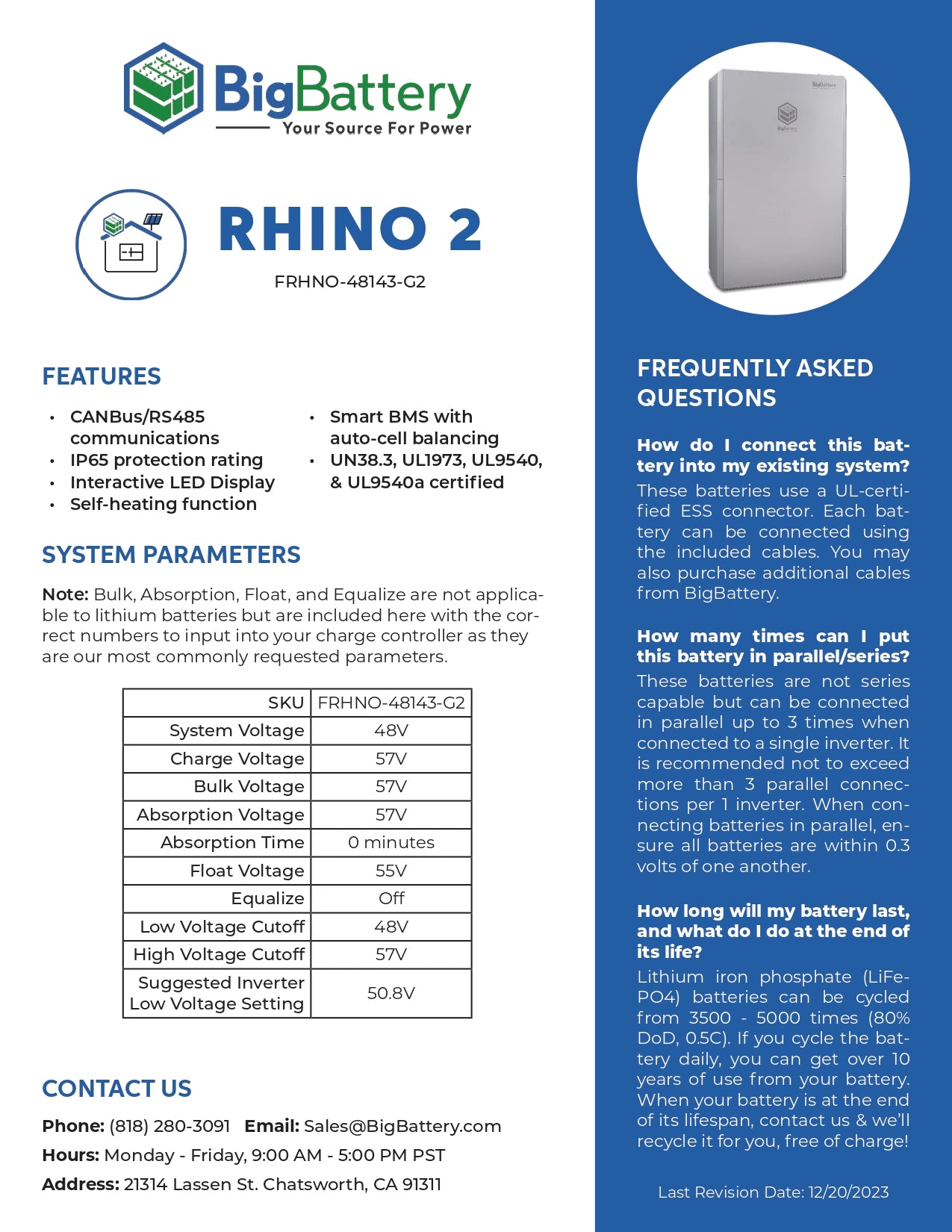 48V RHINO 2 | UL Certified | 280Ah |  14.34kWh | LIFEPO4 Power Block | Lithium Battery Pack