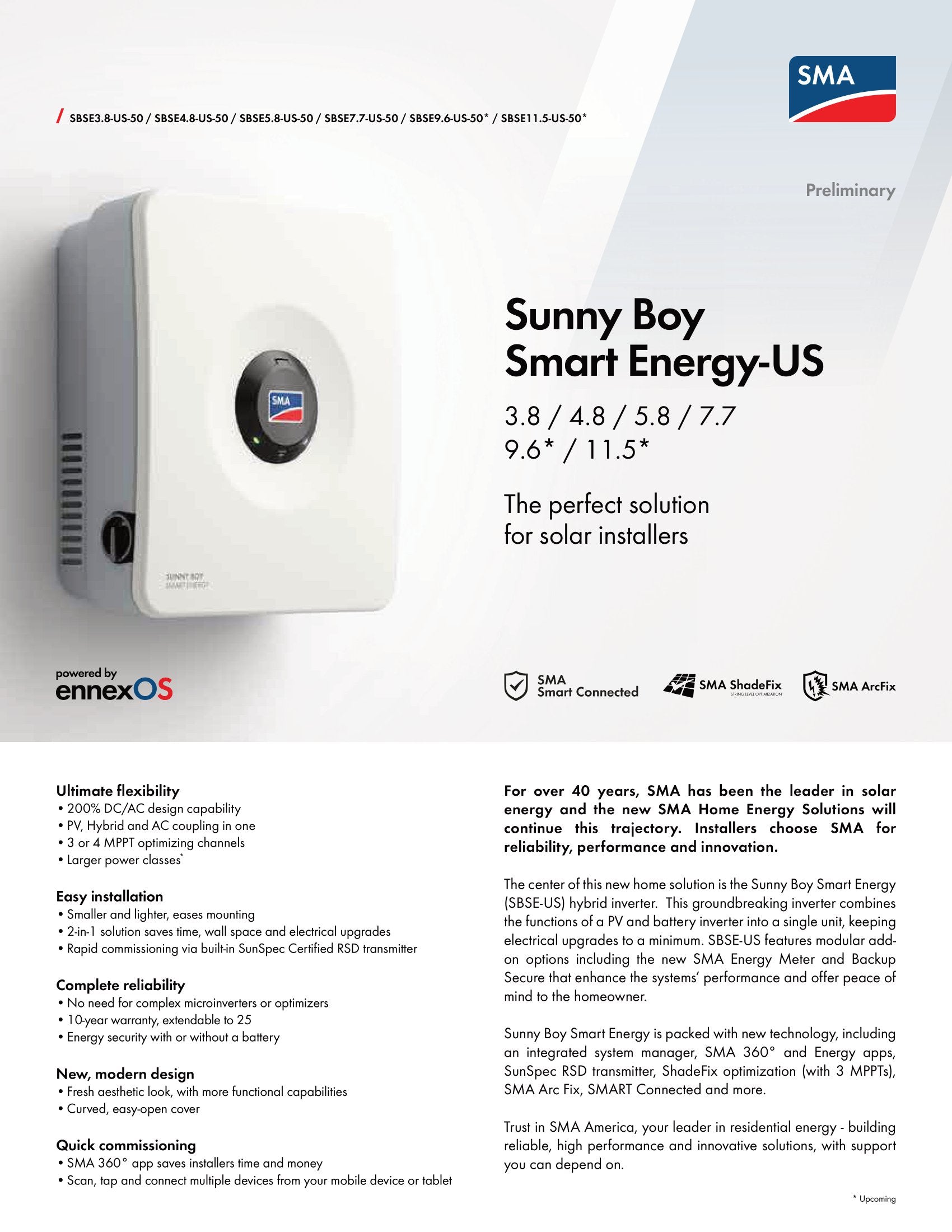 SMA - Sunny Boy Smart Energy Hybrid Inverter - SBSE4.8-US-50 | 4.8kW | 600VDC 208/240VAC |  Single Phase Hybrid Inverter