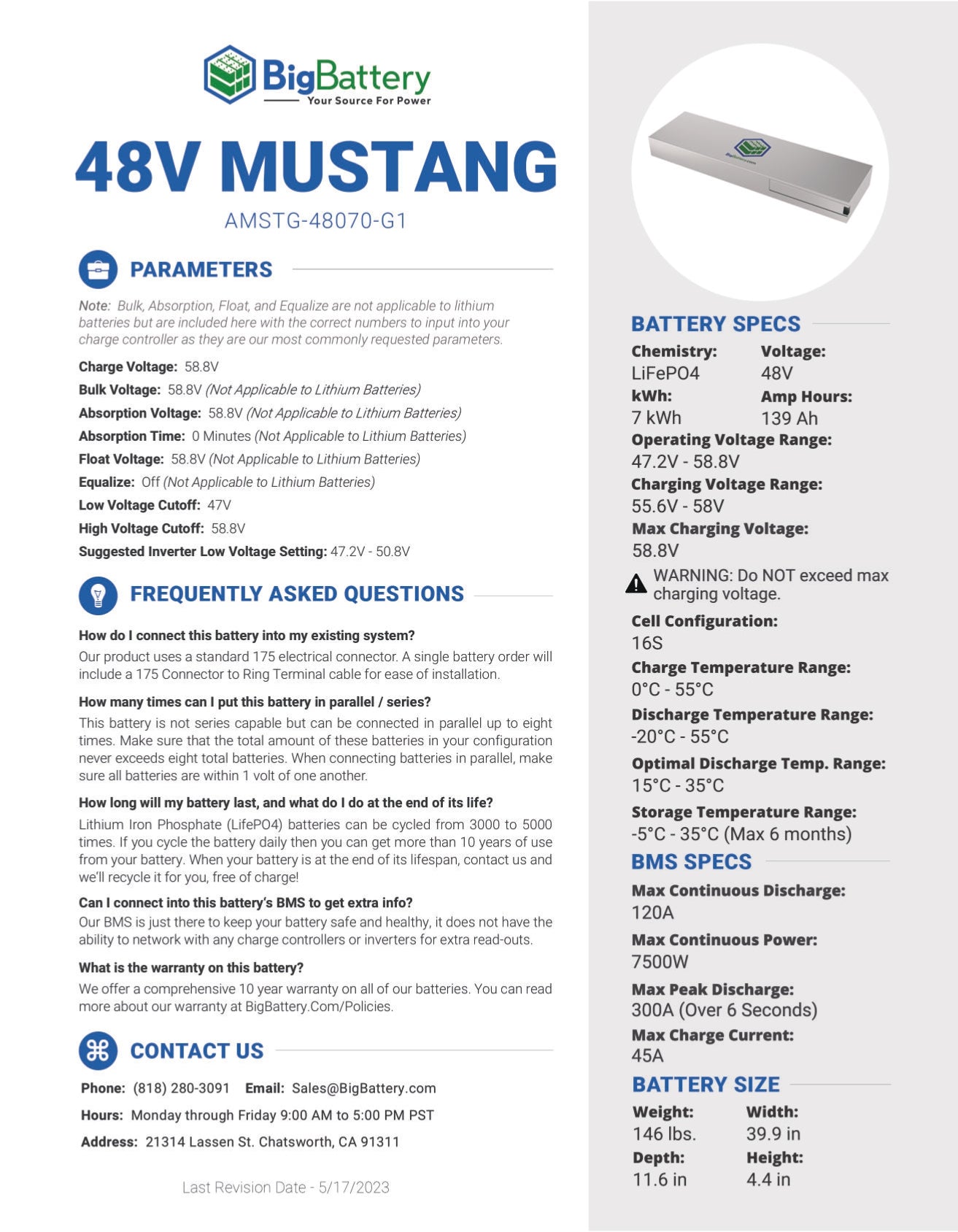 48V MUSTANG｜139AH｜7KWH | LIFEPO4 Power Block｜Lithium Battery Pack | 3-8 Weeks Ship Time