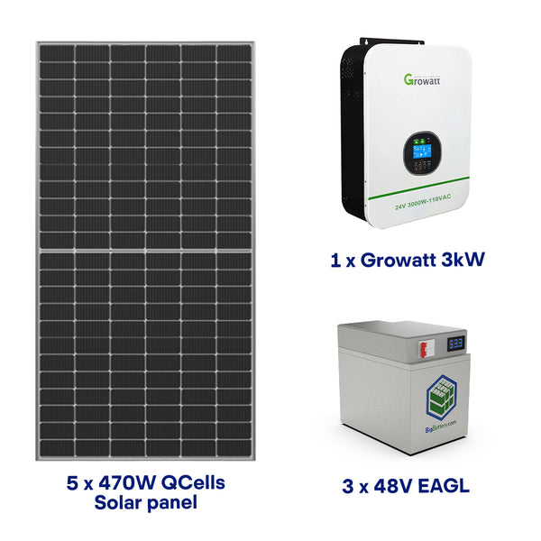 Complete Off-Grid Kit for Small House / Cottage (4.608kWH) 120/240V Output / 48V Battery Bank + 5 x 470W Solar panels