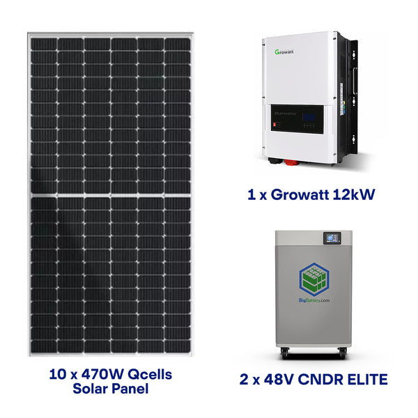 Complete Hybrid Solar Kit - Growatt 12K 120/240V Output + [23.6kWh Lithium Battery] + 10 x 470W Solar Panels