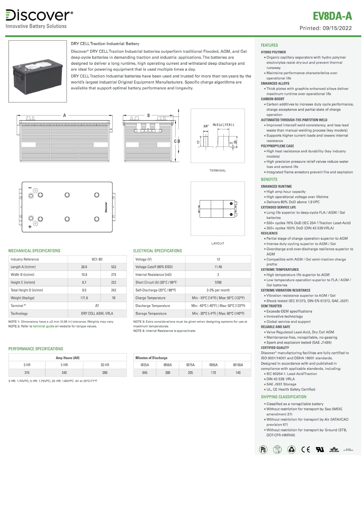 Discover Energy EV Traction 8D : 12V : 280AH: AT