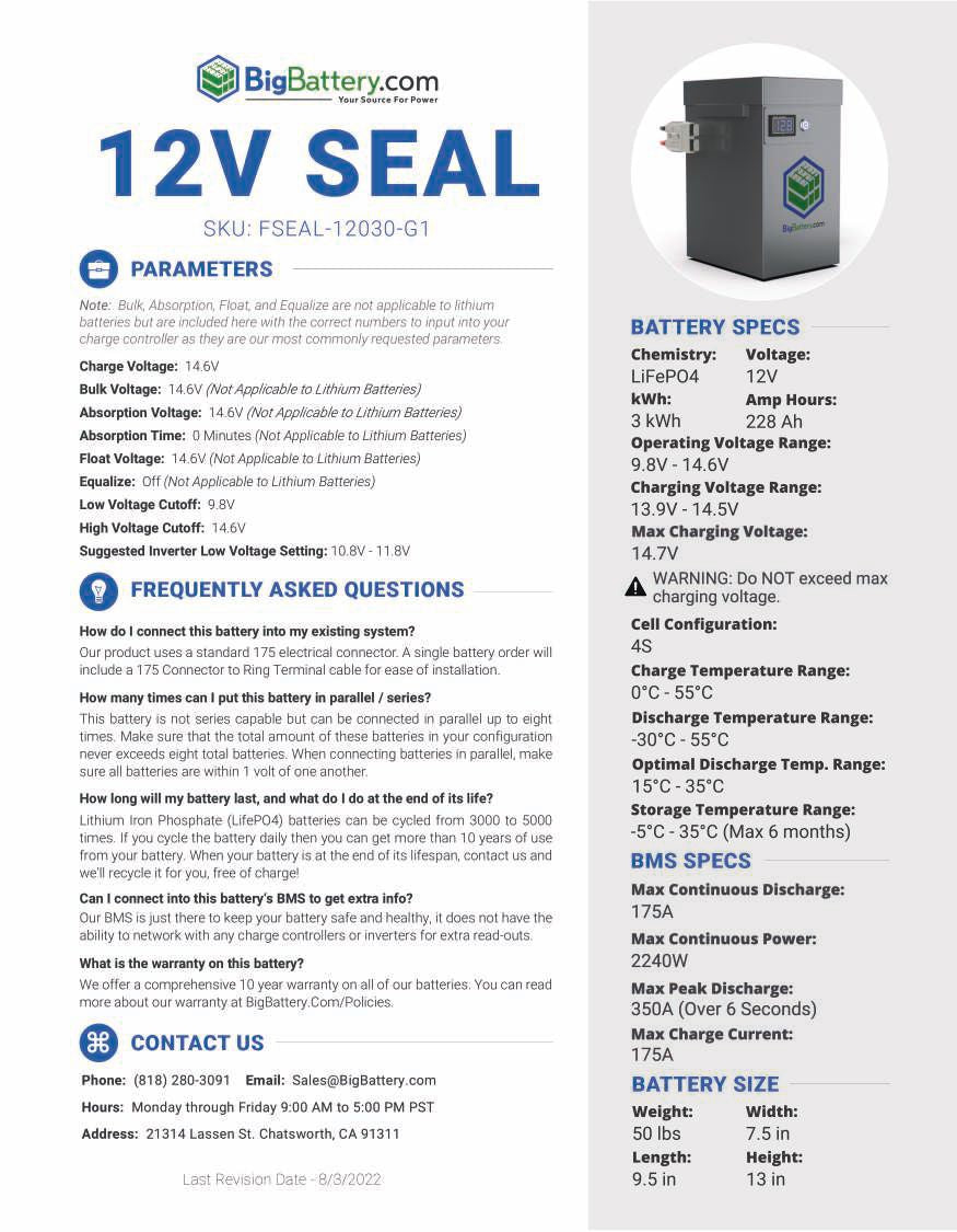 12V SEAL｜LiFePO4 Power Block｜228Ah | 3.0kWh｜Lithium Battery Pack｜3-8 Weeks Ship Time