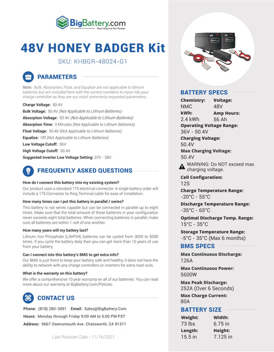 48V HONEY BADGER Kit｜56Ah｜2.4kWh｜NMC Power Block｜3-8 Weeks Ship Time
