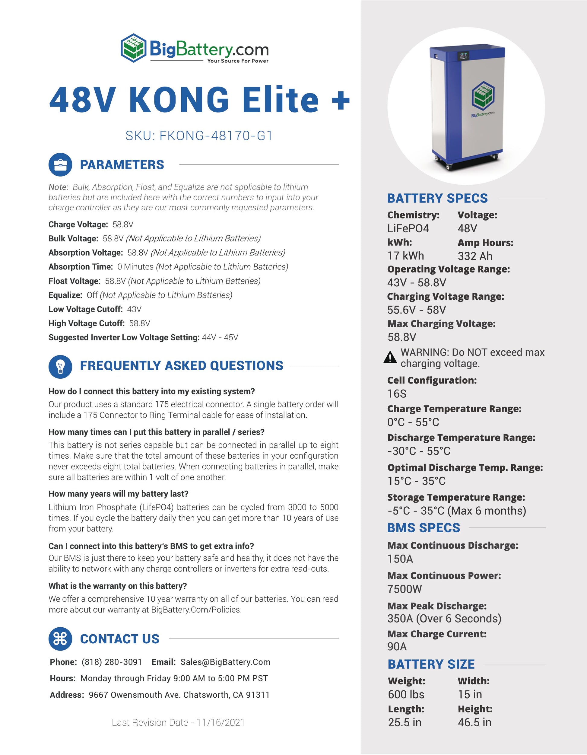 48V KONG ELITE PLUS｜332Ah｜17.0kWh｜LIFEPO4 Power Block｜Lithium Battery Pack｜Currently On Backorder